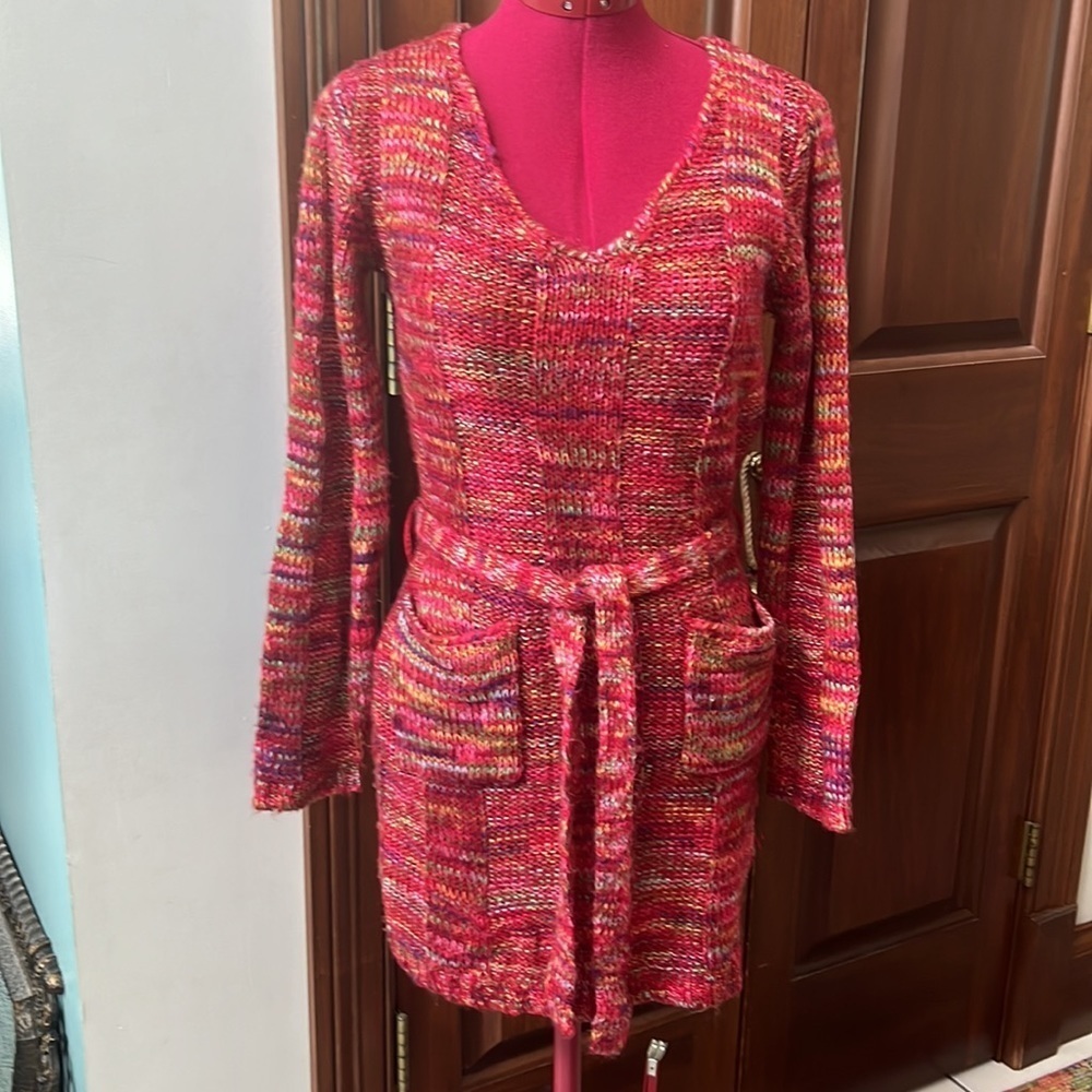 Bobby Brooks   mini Dress   Sweater dress Red/ multi Knit  Fuzzy  V neck  Sz. XS